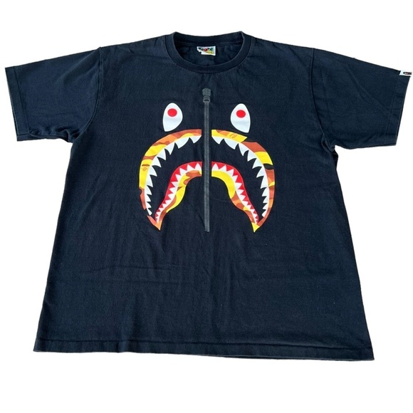 BAPE A Bathing Ape Yellow Orange Camo Shark T-Shirt Short Sleeve Large